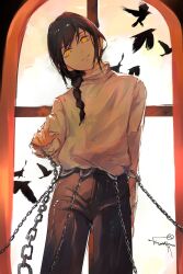 Rule 34 | 1girl, absurdres, bird, black hair, braid, braided ponytail, chain, chain leash, chainsaw man, crow, head tilt, highres, kumah dessu, leash, leash belt, looking at viewer, medium hair, nayuta (chainsaw man), pointing, pointing at viewer, ringed eyes, signature, solo, sweater, sweater tucked in, white sweater, window, yellow eyes