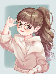 Rule 34 | blue eyes, blush, brown hair, child, glasses, highres, original, ponytail, robaku, simple background, tongue, tongue out