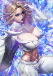 Rule 34 | 1girl, absurdres, bad link, belt, blonde hair, blue eyes, blue lips, breasts, cape, cleavage, detached collar, elbow gloves, emma frost, eyeshadow, gloves, highres, large breasts, lipstick, looking at viewer, makeup, marvel, midriff, monori rogue, pants, psychic, short hair, solo, white cape, white gloves, white pants, x-men