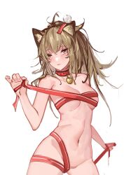 Rule 34 | 1girl, absurdres, animal ears, arknights, bell, breasts, brown eyes, brown hair, cleavage, closed mouth, collar, cowboy shot, highres, holding, jingle bell, lion ears, long hair, looking at viewer, medium breasts, naked ribbon, navel, neck bell, ponytail, red ribbon, ribbon, siege (arknights), simple background, solo, stomach, white background, yaoshan shi