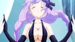 Rule 34 | 10s, 1girl, alternate costume, animated, animated gif, blue eyes, breasts, cleavage, dress, elbow gloves, closed eyes, female focus, gloves, hair ornament, large breasts, neptune (neptunia), neptune (series), purple hair, purple heart (neptunia), smile, solo, symbol-shaped pupils