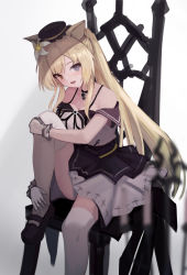 Rule 34 | 1girl, animal ears, arknights, bad id, bad pixiv id, black choker, black dress, black footwear, black hat, blonde hair, blue eyes, blush, breasts, cat ears, chair, choker, commentary, dress, flower, foot out of frame, gloves, grey background, hair flower, hair ornament, hat, izumi roka, knee up, long hair, looking at viewer, medium breasts, nightmare (arknights), nightmare (light and shadow) (arknights), official alternate costume, open mouth, red eyes, shoes, simple background, sitting, solo, two-tone dress, white dress, white flower, white gloves, white legwear