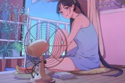 Rule 34 | 1girl, bad id, bad pixiv id, bare shoulders, barefoot, black hair, blue eyes, blue shirt, blue sky, blunt bangs, book, cactus, clothesline, curtains, day, electric fan, feet, female focus, flower, flower pot, food, fruit, highres, indoors, keikoku (kujira), laundry, lips, long hair, looking at viewer, nail polish, naked shirt, original, parted lips, pink lips, plant, plate, ponytail, potted plant, scrunchie, shirt, sitting, sky, sleeveless, sleeveless shirt, solo, toenail polish, toenails, toes, very long hair, vines, watermelon