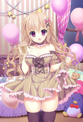 Rule 34 | 1girl, :d, absurdres, balloon, bed, bendy straw, black thighhighs, breasts, brown dress, brown sleeves, cleavage, commentary request, cup, curtains, detached sleeves, dress, drinking glass, drinking straw, frilled dress, frilled pillow, frills, hair between eyes, hair ornament, highres, holding, holding cup, huge filesize, large breasts, looking at viewer, open mouth, original, pillow, puffy short sleeves, puffy sleeves, purple eyes, shiwasu horio, short sleeves, skindentation, skirt hold, smile, solo, star (symbol), star hair ornament, strapless, strapless dress, striped clothes, striped dress, stuffed animal, stuffed penguin, stuffed rabbit, stuffed toy, teddy bear, thighhighs, vertical-striped clothes, vertical-striped dress, window, x hair ornament