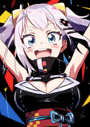 Rule 34 | 1girl, :d, absurdres, black background, blue eyes, blush, breasts, cleavage, commentary request, d-pad, d-pad hair ornament, hair ornament, hairclip, hands up, highres, kaguya luna, large breasts, long hair, looking at viewer, obi, open mouth, purple hair, revision, round teeth, sash, smile, solo, tama (tama-s), teeth, the moon studio, twintails, upper body, virtual youtuber