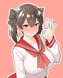 Rule 34 | 1girl, blush, breasts, brown eyes, brown hair, closed mouth, collarbone, furaggu (frag 0416), hair between eyes, highres, kaga (kancolle), kantai collection, large breasts, long hair, long sleeves, looking at viewer, lucky star, outline, pink background, red sailor collar, red skirt, ryouou school uniform, sailor collar, school uniform, serafuku, simple background, skirt, solo, twintails, white outline