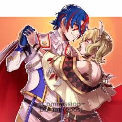 Rule 34 | 1boy, 1girl, alear (fire emblem), alear (male) (fire emblem), bare shoulders, blue eyes, blue gloves, blue hair, blush, brown dress, citrinne (fire emblem), dress, fire emblem, fire emblem engage, gloves, gzei, hair between eyes, highres, holding hands, looking at another, multicolored hair, nintendo, off-shoulder dress, off shoulder, red hair, shirt, short hair, smile, two-tone hair, upper body, white shirt, wing hair ornament