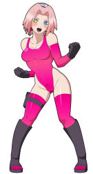 Rule 34 | 1girl, bandana, black footwear, black gloves, breasts, earrings, fighting stance, gloves, haruno sakura, heterochromia, highres, jewelry, leotard, medium breasts, naruto (series), naruto shippuuden, one-piece swimsuit, open mouth, pink gloves, pink hair, pink leotard, pink one-piece swimsuit, pink thighhighs, pouch, short hair, smile, solo, susuki (susuki hg), swimsuit, thigh pouch, thighhighs, thighs, toeless footwear