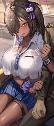 Rule 34 | 1boy, 1girl, arm hug, black choker, blue necktie, blue skirt, blurry, blurry background, blush, bra, bra visible through clothes, breasts, brown hair, choker, cleavage, collarbone, collared shirt, commander (nikke), commentary request, crop top, crop top overhang, cropped shirt, dark-skinned female, dark skin, diagonal-striped clothes, diagonal-striped necktie, goddess of victory: nikke, hair ornament, hair over one eye, highres, large breasts, long hair, looking at another, naga (nikke), necktie, one side up, pom pom (clothes), pom pom hair ornament, purple scrunchie, scrunchie, see-through, see-through shirt, shiinamirin, shirt, short necktie, sitting, skirt, smile, striped clothes, thigh strap, underwear, white bra, white shirt, wrist scrunchie, yellow eyes