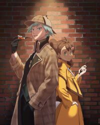 Rule 34 | 1boy, 1girl, absurdres, brick wall, brown coat, brown hair, closed mouth, coat, commentary request, creatures (company), ddiyong.e, detective, from side, game freak, gloves, green eyes, green hair, hand on own hip, hat, highres, holding, holding magnifying glass, holding smoking pipe, jacket, korean commentary, long sleeves, magnifying glass, nintendo, official alternate costume, open clothes, open coat, open mouth, plaid, plaid coat, plaid headwear, pokemon, pokemon masters ex, shauna (pokemon), shauna (special costume) (pokemon), short hair, skirt, smile, smoking pipe, steven stone, steven stone (special costume), white gloves, yellow jacket, yellow skirt