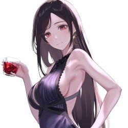Rule 34 | 1girl, armpit crease, asymmetrical bangs, black hair, breasts, crescent, crescent earrings, cup, dress, earrings, final fantasy, final fantasy vii, final fantasy vii remake, highres, holding, holding cup, jewelry, large breasts, light smile, long hair, looking at viewer, official alternate costume, purple dress, red eyes, sideboob, sleeveless, sleeveless dress, solo, square enix, tifa lockhart, tifa lockhart (refined dress), tooku0, unfinished, upper body, wall market