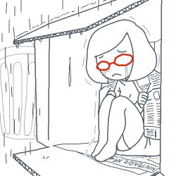 Rule 34 | 1girl, barefoot, box, cardboard box, cold, crying, frown, full body, glasses, homeless, junk (junko-tan), lowres, monochrome, newspaper, nikki (swapnote), nintendo, opaque glasses, outdoors, rain, red-framed eyewear, short hair, sitting, solo, spot color, swapnote, tears, trash can, trembling