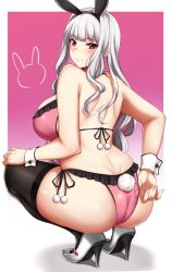 Rule 34 | 1girl, adjusting clothes, animal ears, ass, back, bare shoulders, bikini, black thighhighs, blush, breasts, commentary request, detached collar, dimples of venus, fake animal ears, frills, hairband, high heels, highres, idolmaster, idolmaster (classic), kusahagane, large breasts, long hair, looking at viewer, looking back, pink bikini, purple eyes, rabbit ears, rabbit tail, shijou takane, shoulder blades, side-tie bikini bottom, sidelocks, silver hair, skindentation, smile, solo, squatting, swimsuit, tail, thighhighs, wrist cuffs