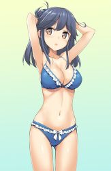 Rule 34 | 10s, 1girl, :o, ahoge, armpits, arms behind head, arms up, bikini, blue bikini, blue hair, bow, bow bikini, breasts, brown eyes, cleavage, collarbone, cowboy shot, female focus, frilled bikini, frills, gradient background, kantai collection, large breasts, long hair, navel, o-ring, o-ring top, open mouth, shiny skin, solo, swimsuit, takayaki, ushio (kancolle), white bow