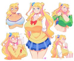 Rule 34 | 1girl, arms behind back, blonde hair, blue eyes, blush, braid, breasts, cleavage, commentary, crossed arms, earrings, food, full-face blush, galko, hair bun, hair ornament, hair scrunchie, highres, huge breasts, jewelry, long hair, looking at viewer, midriff, multiple views, necklace, open mouth, oshiete! galko-chan, plaid, plaid skirt, popcorn, school uniform, scrunchie, side ponytail, signature, simple background, single braid, single side bun, skirt, smile, tan, tanline, theycallhimcake, thighs, very long hair, white background