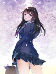 Rule 34 | 1girl, animal, bag, black skirt, blazer, blue jacket, blush, brown eyes, brown hair, cherry blossoms, chihuahua, dog, flower, holding, jacket, long hair, looking at viewer, looking back, necktie, original, outdoors, parted lips, pink flower, pleated skirt, red necktie, sanbasou, school bag, school uniform, skirt, solo, thighs