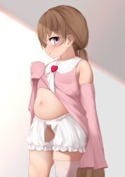 Rule 34 | 1girl, bare shoulders, bloomers, blush, brown hair, commentary request, crotchless, crotchless bloomers, flat chest, highres, lifted by self, long hair, long sleeves, looking at viewer, looking to the side, low twintails, navel, ne an ito, parted lips, pink sleeves, plump, purple eyes, shadow, sidelighting, sideways mouth, sleeves past fingers, sleeves past wrists, solo, standing, thick thighs, thighs, tsukuyomi ai, twintails, underwear, very long hair, voiceroid, white bloomers