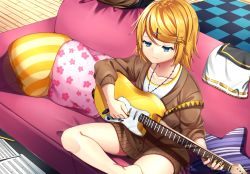 Rule 34 | 1girl, :3, alternate costume, bare legs, barefoot, brown sweater, casual, checkered floor, collarbone, couch, electric guitar, floral print, guitar, half-closed eyes, highres, holding, holding instrument, instrument, inu8neko, jewelry, kagamine rin, leg up, crossed legs, music, nail polish, necklace, pencil, pillow, playing instrument, print pillow, puckered lips, sheet music, sitting, solo, star-shaped pillow, striped pillow, sweater, table, vocaloid, wooden floor, yellow nails