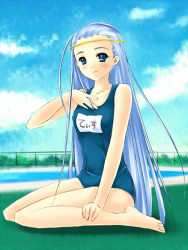 Rule 34 | 00s, 1girl, barefoot, blue eyes, blue hair, chain-link fence, circlet, cloud, day, feet, fence, kneeling, long hair, looking at viewer, matching hair/eyes, name tag, one-piece swimsuit, outdoors, piku, pool, poolside, school swimsuit, shakugan no shana, sitting, sky, smile, solo, swimsuit, tis, wariza
