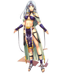 Rule 34 | 1girl, bandages, bare shoulders, blue eyes, blue hair, breasts, cleavage cutout, clothing cutout, dress, fingerless gloves, frown, gloves, grey eyes, hair ornament, hair tubes, headband, highres, hirano katsuyuki, jewelry, legs, loincloth, long hair, lu fey, matching hair/eyes, midriff, navel, official art, parted bangs, sandals, silver hair, simple background, solo, spectral (series), spectral souls, standing, strap, toes, underboob, white background, wristband