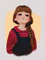 Rule 34 | 1girl, :o, alkemanubis, arms at sides, black eyes, blouse, blush, braid, collared shirt, cropped arms, cropped torso, grey background, hair over shoulder, highres, lips, long hair, looking at viewer, original, overalls, plaid, plaid shirt, red shirt, shirt, simple background, single braid, solo, upper body, white background