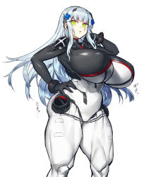 Rule 34 | alternate breast size, armored bodysuit, blue hair, blunt bangs, bodysuit, breasts, cross hair ornament, earpiece, facial hair, girls&#039; frontline, green eyes, hair ornament, hairpods, hand on own hip, hk416 (girls&#039; frontline), hk416 (midnight evangelion) (girls&#039; frontline), huge breasts, interface headset, long hair, melon22, multicolored bodysuit, multicolored clothes, muscular, muscular female, official alternate costume, open mouth, pilot suit, plugsuit, showgirl skirt, sidelocks, simple background, solo, taut clothes, teardrop facial mark, teardrop tattoo, thick thighs, thighs, two-tone bodysuit, v-shaped eyebrows, very long hair, white background