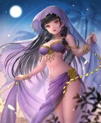 Rule 34 | 1girl, alternate costume, arabian clothes, bare shoulders, black hair, blurry, bra, bracelet, breasts, choker, commentary request, cowboy shot, dancer, depth of field, diffraction spikes, floating hair, full moon, gold bracelet, gold choker, gold necklace, hair tubes, harem outfit, isokaze (kancolle), jewelry, kantai collection, long hair, looking at viewer, moon, navel, necklace, open mouth, outdoors, palm tree, panties, purple bra, purple sarong, red eyes, revealing clothes, sarong, see-through, shooting star, silhouette, sky, smile, solo, star (sky), starry sky, strapless, strapless bra, thighs, to nasu, tree, underwear, veil