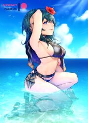 Rule 34 | 1girl, arm up, armpits, bikini, black bikini, blue eyes, blue hair, blue sky, byleth (female) (fire emblem), byleth (fire emblem), cloud, commentary, day, fire emblem, fire emblem: three houses, fire emblem heroes, flower, hair flower, hair ornament, kneeling, long hair, looking at viewer, mystra77, navel, nintendo, official alternate costume, on one knee, red flower, sandals, sky, smile, solo, stomach, swimsuit, thighs, water