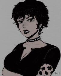 Rule 34 | 1girl, arm tattoo, black choker, black hair, black shirt, breasts, choker, cleavage, collar, doll (one piece), earrings, eyelashes, highres, jewelry, lipstick, looking at viewer, makeup, medium breasts, one piece, shirt, short hair, sketch, spiked collar, spikes, tattoo