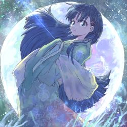 Rule 34 | 1girl, black eyes, black hair, blunt bangs, commentary, crying, crying with eyes open, feet out of frame, floral print, flower, green kimono, hair flower, hair ornament, idolmaster, idolmaster cinderella girls, japanese clothes, kimono, kobayakawa sae, long hair, long sleeves, looking at viewer, moon, night, night sky, parted lips, sky, sleeves past fingers, sleeves past wrists, solo, tears, wide sleeves, yukimochi (yume)