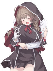 Rule 34 | 1boy, 1girl, admiral (kancolle), black capelet, black dress, blush, braid, grabbing another&#039;s breast, breasts, brown hair, capelet, closed eyes, cowboy shot, dress, grabbing, hetero, highres, hood, hooded capelet, kantai collection, large breasts, long hair, long sleeves, open mouth, red ribbon, ribbon, sakana (flame sakana), shinshuu maru (kancolle), simple background, solo focus, twin braids, white background