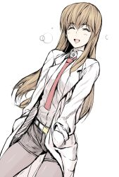 Rule 34 | 1girl, :d, brown hair, closed eyes, female focus, g-tetsu, grey pantyhose, hands in pockets, highres, lab coat, long hair, makise kurisu, necktie, open mouth, pantyhose, pantyhose under shorts, shorts, simple background, sketch, smile, solo, steins;gate, white background