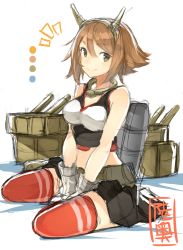 Rule 34 | 10s, 1girl, bare shoulders, blush, breasts, brown hair, gloves, green eyes, headgear, highres, kame^^, kantai collection, large breasts, looking at viewer, midriff, miniskirt, mutsu (kancolle), navel, personification, red thighhighs, short hair, sitting, sketch, skirt, solo, thighhighs, white gloves