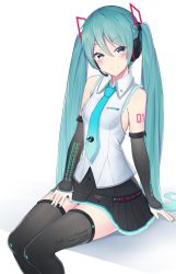 Rule 34 | 1girl, aqua hair, aqua necktie, bare shoulders, bib (bibboss39), black skirt, black thighhighs, blue eyes, blush, breasts, closed mouth, detached sleeves, hatsune miku, hatsune miku (vocaloid4), highres, long hair, looking at viewer, necktie, skirt, small breasts, smile, solo, thighhighs, twintails, vocaloid, zettai ryouiki
