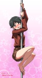 Rule 34 | 10s, 1girl, 2016, arms up, artist name, barefoot, belt, black hair, blush, climbing, climbing pole, dated, feet, grey eyes, kantai collection, katou techu, looking at viewer, mogami (kancolle), open mouth, pink background, pole, pole dancing, short hair, shorts, smile, solo, stripper pole