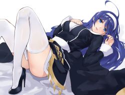 Rule 34 | 1girl, ahoge, bad id, bad pixiv id, blue eyes, blue hair, blush, breasts, dress, hairband, high heels, huge ahoge, large breasts, long hair, long sleeves, looking at viewer, lying, medium breasts, on back, open mouth, orie ballardiae harada, qian yuan, shoes, simple background, smile, solo, thighhighs, under night in-birth, under night in-birth exe:late[st], white background, white hairband, white thighhighs