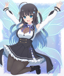 Rule 34 | 1girl, absurdres, ahoge, ankle boots, arms up, assault lily, bare shoulders, black footwear, black hair, black pantyhose, black skirt, blue background, blue eyes, blue flower, blue hair, blue wings, blunt bangs, boots, border, breasts, butterfly wings, cleavage, clothing cutout, commentary, cross-laced clothes, cross-laced footwear, cross-laced skirt, earrings, flower, frilled shirt, frilled skirt, frilled sleeves, frills, full body, gradient background, gradient hair, hair flower, hair ornament, hair ribbon, haniwa (kiminozorazio), highres, insect wings, jewelry, jumping, lace-up boots, legs up, light blush, light particles, long hair, long sleeves, looking ahead, medium breasts, miniskirt, mozuna noa, multicolored hair, neck ribbon, open mouth, outside border, outstretched arms, pantyhose, purple ribbon, ribbon, school uniform, see-through, shirt, shoulder cutout, sidelocks, skirt, smile, solo, suspenders, teeth, two-tone hair, two side up, underbust, upper teeth only, white border, white ribbon, white shirt, wings, yurigaoka girls academy school uniform