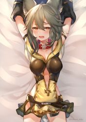 Rule 34 | 1girl, animal ears, arms up, belt, blush, breasts, cleavage, collar, commentary request, erune, fang, granblue fantasy, grey hair, hair between eyes, looking at viewer, lying, medium breasts, medium hair, miniskirt, narusegawa riko, on back, open mouth, orange eyes, sen (granblue fantasy), skirt, solo