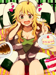 Rule 34 | 1girl, ahoge, blonde hair, blush, breasts, cake, cake slice, chocolate cornet, cleavage, drooling, food, fork, fruit, green eyes, hand on own face, heart, heart-shaped pupils, highres, hoshii miki, idolmaster, idolmaster (classic), long hair, mmyk81, onigiri, open mouth, plate, sitting, solo, sparkle, strawberry, strawberry shortcake, symbol-shaped pupils