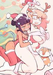 Rule 34 | 2girls, absurdres, ahoge, bdsm, black hair, blue eyes, blue horns, blue tail, blunt bangs, blush, bondage, bound, breasts, christmas, christmas tree, colo (nagrolaz), commentary, demon girl, demon horns, demon tail, dog, english commentary, fake antlers, freckles, fur-trimmed headwear, fur-trimmed leotard, fur-trimmed thighhighs, fur trim, glasses, gloves, groping, hat, highres, horns, large breasts, leotard, long hair, mephia, multiple girls, naked ribbon, navel, open mouth, orange hair, pointy ears, red-framed eyewear, red gloves, red headwear, red leotard, red thighhighs, ribbon, rita (sweethex), santa costume, santa gloves, santa hat, santa leotard, sharp teeth, short eyebrows, short hair, small breasts, smile, sweethex, tail, teeth, thick eyebrows, thighhighs, yellow eyes, yuri