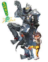 Rule 34 | 1girl, 2boys, armor, brown eyes, brown hair, chest harness, cloak, dj kumo, gloves, goggles, harness, height difference, highres, korean text, mask, multiple boys, open mouth, overwatch, overwatch 1, parody, reaper (overwatch), reinhardt (overwatch), shoes, short hair, standing, standing on one leg, torn clothes, tracer (overwatch), yotsubato!, yotsubato! pose