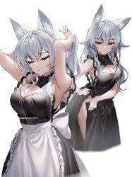 Rule 34 | 1girl, animal ear fluff, animal ears, apron, armpits, arms up, bare arms, bare shoulders, black dress, black skirt, breasts, cleavage, cleavage cutout, clothing cutout, dress, closed eyes, fox ears, frilled dress, frills, grey hair, highres, kawachi rin, large breasts, long hair, looking at viewer, maid, maid apron, multiple views, open clothes, open skirt, original, red eyes, simple background, skirt, sleeveless, sleeveless dress, smile, waist apron, white background