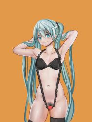 Rule 34 | 1girl, arms behind head, arms up, aruman, black bra, black thighhighs, blue eyes, blue hair, blush, bra, breasts, censored, closed mouth, collarbone, cowboy shot, female focus, female pubic hair, hair between eyes, hair ornament, happy, hatsune miku, heart, heart censor, highres, light blush, lingerie, long hair, matching hair/eyes, medium breasts, navel, orange background, pubic hair, pussy, shiny skin, simple background, skindentation, smile, solo, standing, thighhighs, twintails, underwear, underwear only, very long hair, vocaloid