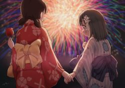 Rule 34 | 2girls, aayh, aerial fireworks, black eyes, black hair, blue kimono, blurry, blurry background, blush, bow, candy apple, closed mouth, commentary request, depth of field, eniwa shii, fireworks, floral print, flower, food, hair flower, hair ornament, hand grab, holding, holding food, japanese clothes, kimono, koguma (super cub), low twintails, multiple girls, night, night sky, obi, outdoors, print kimono, red kimono, rose, sash, sky, striped clothes, striped kimono, super cub, twintails, vertical-striped clothes, vertical-striped kimono, white flower, white rose, yellow bow