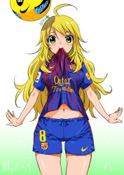 Rule 34 | 1girl, 2011, ahoge, andres iniesta, andru00e9s iniesta, ball, blonde hair, breasts, dated, fc barcelona, green eyes, hoshii miki, idolmaster, idolmaster (classic), inoue sora, jersey, long hair, medium breasts, mouth hold, navel, nike (company), shorts, soccer, soccer ball, soccer uniform, solo, sportswear, wrists extended