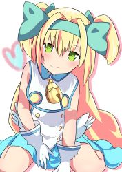 Rule 34 | 1girl, absurdres, aqua hairband, aqua ribbon, bad id, bad pixiv id, bare shoulders, bell, between legs, blazblue, blonde hair, blue footwear, blue skirt, blush, closed mouth, commentary request, flat chest, full body, gloves, green eyes, hair between eyes, hair ribbon, hairband, hand between legs, heart, heart-shaped pupils, highres, long hair, looking at viewer, platinum the trinity, ribbon, shadow, shirt, shoes, sitting, skirt, sleeveless, sleeveless shirt, smile, solo, symbol-shaped pupils, two side up, very long hair, wariza, white background, white gloves, white shirt, zundamochi (pixiv13535730)