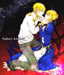 Rule 34 | 1boy, 1girl, ahoge, artoria pendragon (all), artoria pendragon (fate), bad id, bad pixiv id, blonde hair, bracelet, casual, character name, dress, fate/zero, fate (series), gilgamesh (fate), green eyes, hair ribbon, hands on another&#039;s face, jewelry, necklace, official alternate costume, oriharaizaya819, red eyes, ribbon, saber (fate)