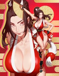 Rule 34 | 1girl, absurdres, bare shoulders, breasts, brown eyes, brown hair, cleavage, folding fan, grin, hand fan, hand on own hip, high ponytail, highres, japanese clothes, large breasts, lips, long hair, pelvic curtain, ponytail, revealing clothes, shiranui mai, smile, solo, tassel, the king of fighters, thighs, toned, zelus