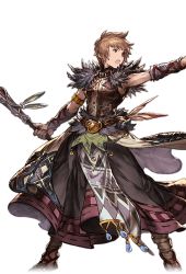 Rule 34 | 10s, 1boy, alpha transparency, boots, brown eyes, brown hair, feathers, full body, gran (granblue fantasy), granblue fantasy, legs apart, male focus, minaba hideo, official art, open mouth, outstretched arm, pelvic curtain, short hair, sleeveless, solo, sorcerer (granblue fantasy), staff, transparent background, wide stance