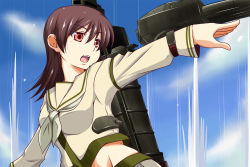 Rule 34 | 10s, 1girl, brown hair, kantai collection, machinery, neckerchief, nishi koutarou, ooi (kancolle), open mouth, outstretched arm, red eyes, school uniform, serafuku, skirt, skirt set, solo, upper body